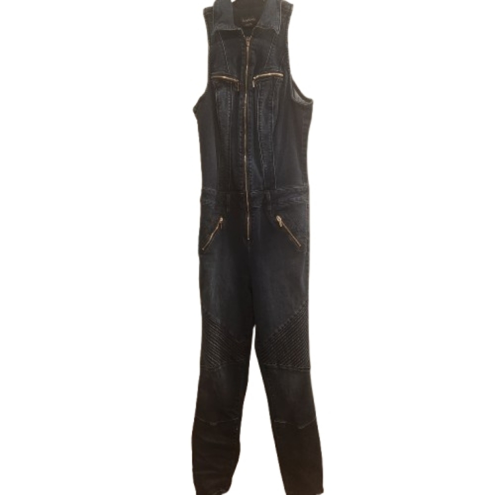 bebe Moto Denim Sleeveless Jumpsuit – Dark Wash – Gold Zip – Size 27  NWOT